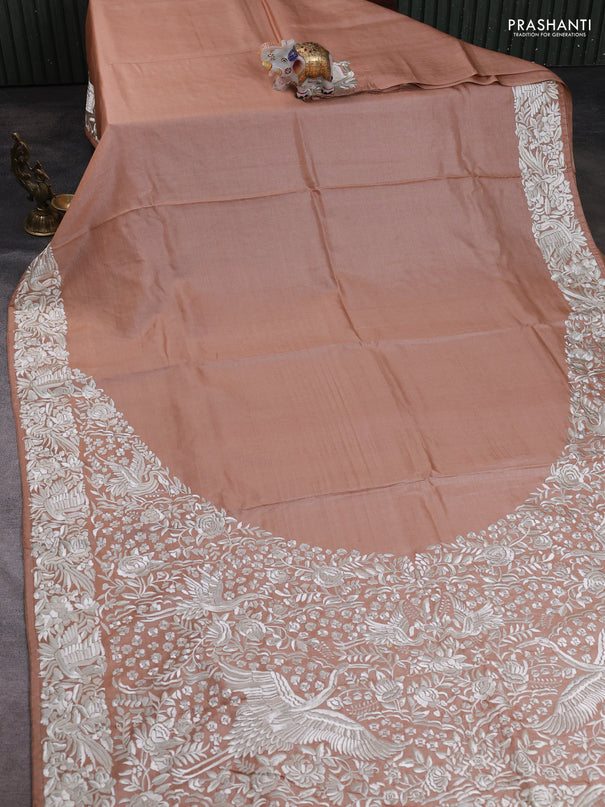 Pure tussar silk saree pastel peach with plain body and parsi embroidery pallu & border