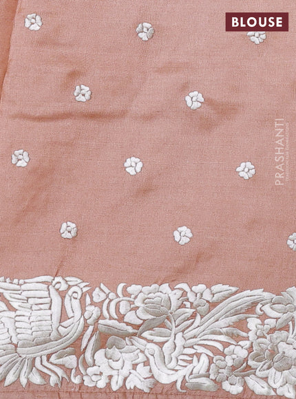 Pure tussar silk saree pastel peach with plain body and parsi embroidery pallu & border