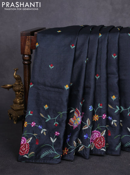 Pure tussar silk saree black with embroidery buttas and convent embroidery border