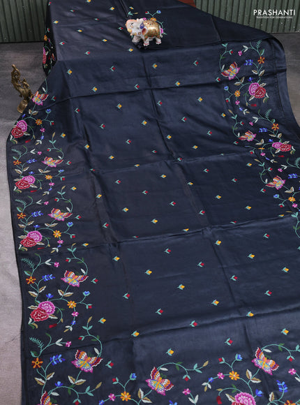 Pure tussar silk saree black with embroidery buttas and convent embroidery border