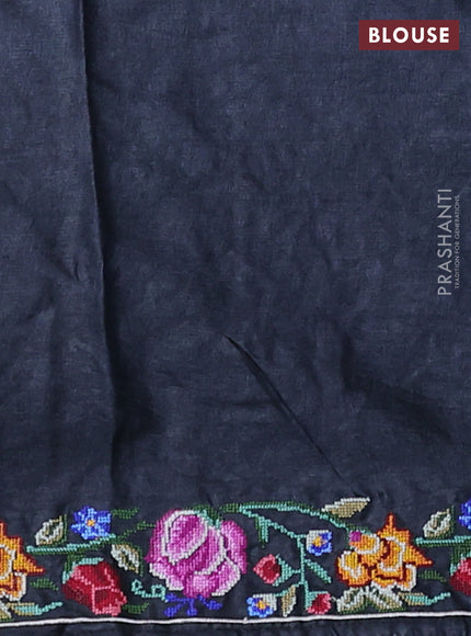 Pure tussar silk saree black with embroidery buttas and convent embroidery border