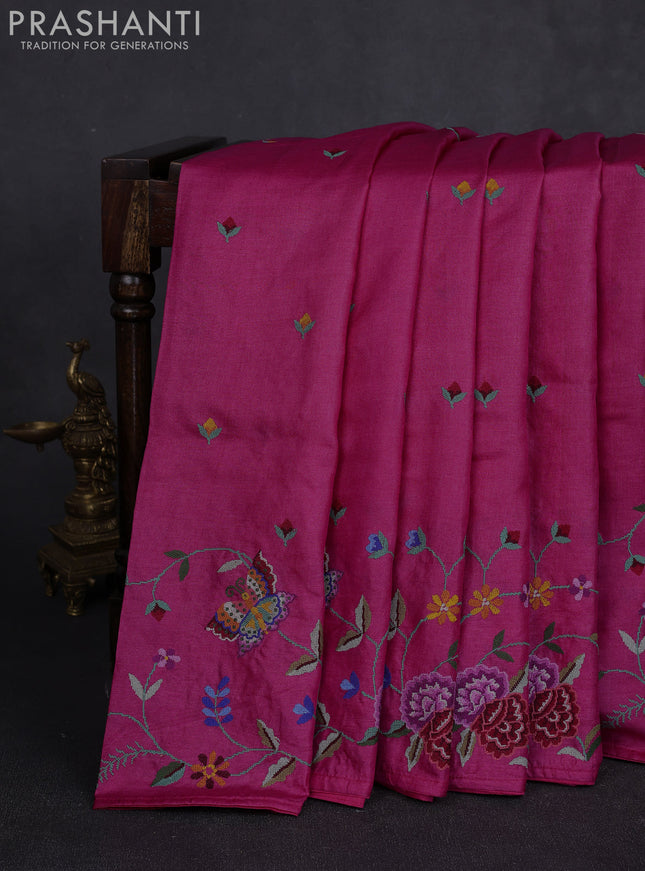 Pure tussar silk saree pink with embroidery buttas and convent embroidery border