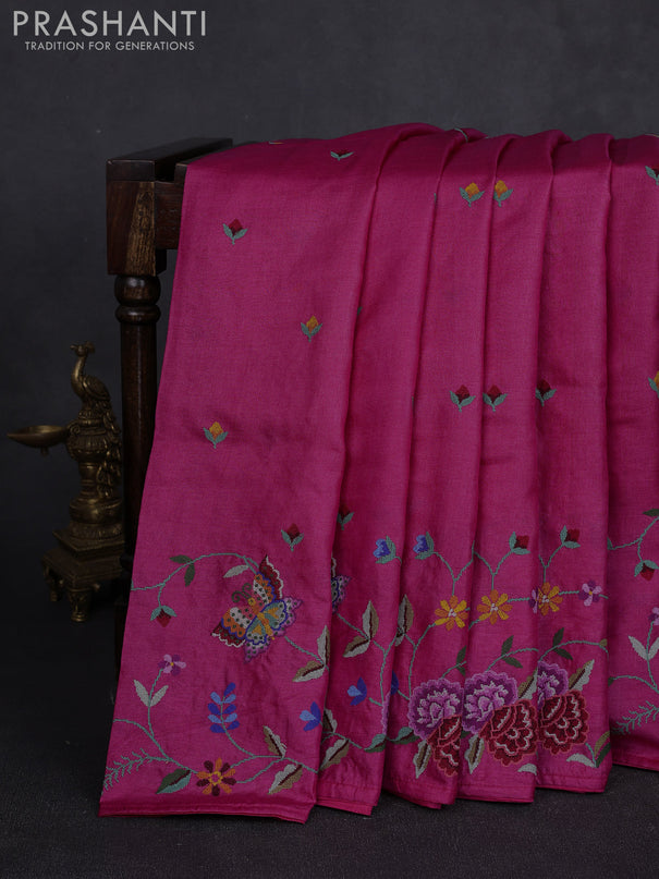 Pure tussar silk saree pink with embroidery buttas and convent embroidery border
