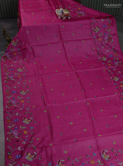 Pure tussar silk saree pink with embroidery buttas and convent embroidery border