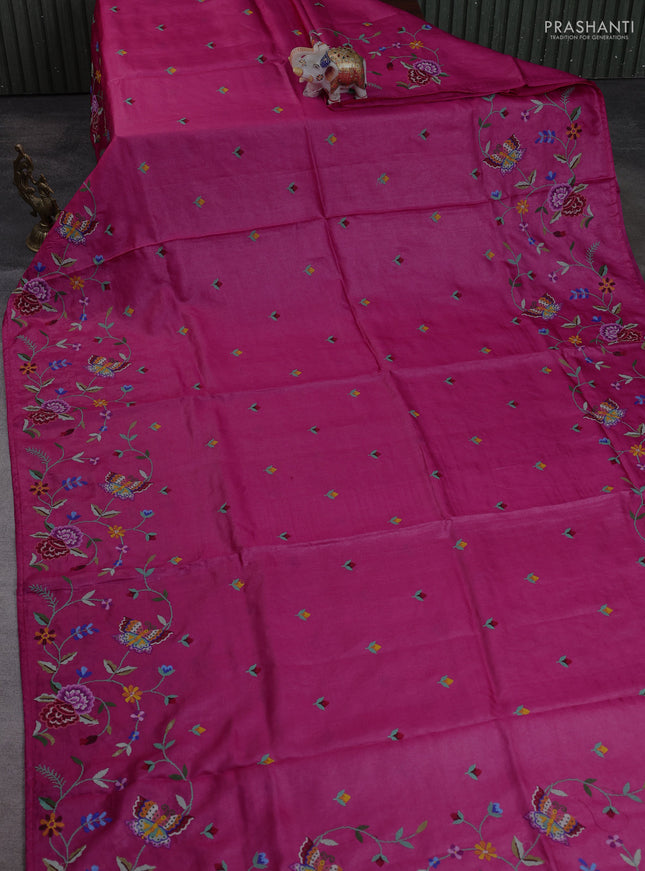 Pure tussar silk saree pink with embroidery buttas and convent embroidery border