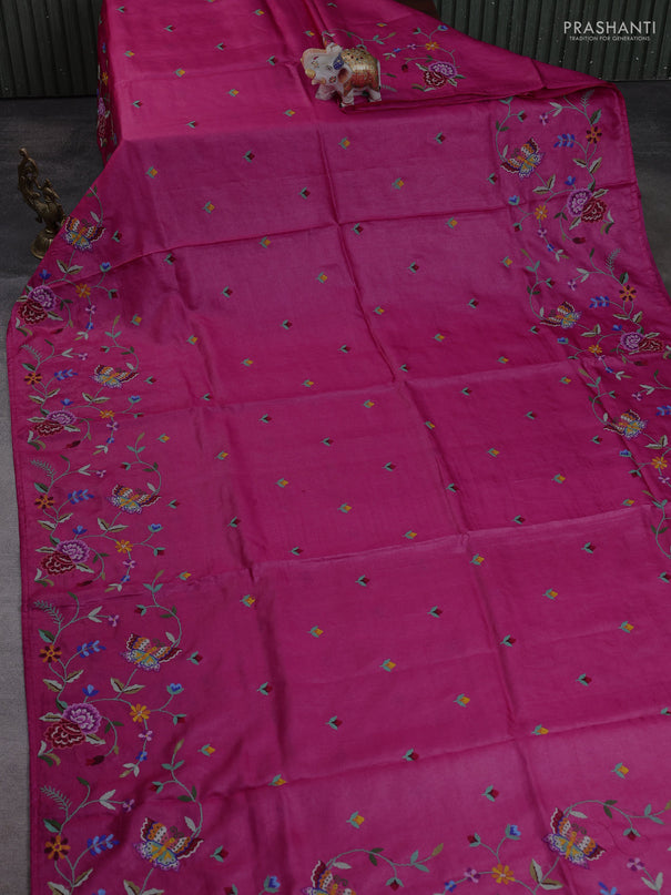 Pure tussar silk saree pink with embroidery buttas and convent embroidery border