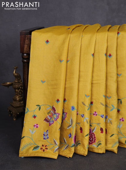 Pure tussar silk saree yellow with embroidery buttas and convent embroidery border
