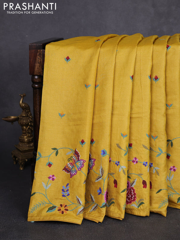 Pure tussar silk saree yellow with embroidery buttas and convent embroidery border
