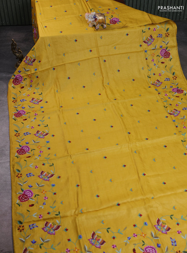 Pure tussar silk saree yellow with embroidery buttas and convent embroidery border