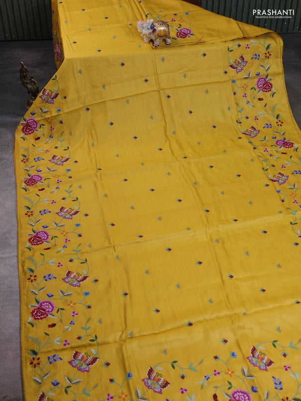 Pure tussar silk saree yellow with embroidery buttas and convent embroidery border