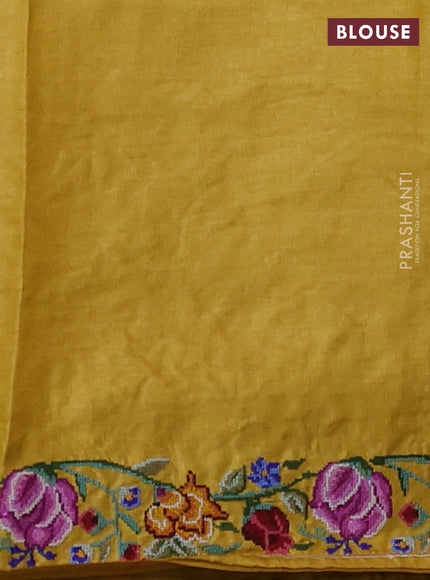 Pure tussar silk saree yellow with embroidery buttas and convent embroidery border
