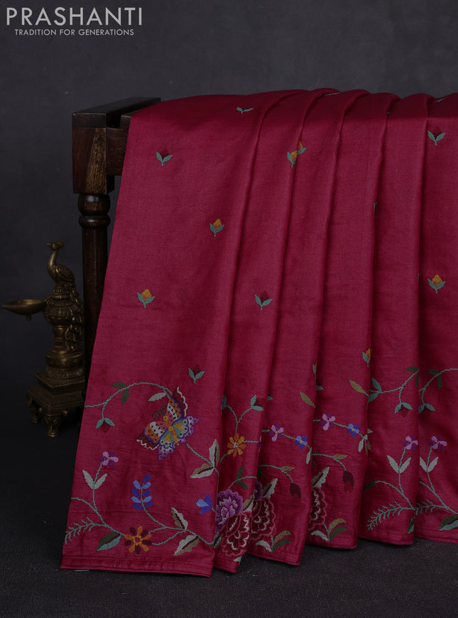 Pure tussar silk saree tomato pink with embroidery buttas and convent embroidery border