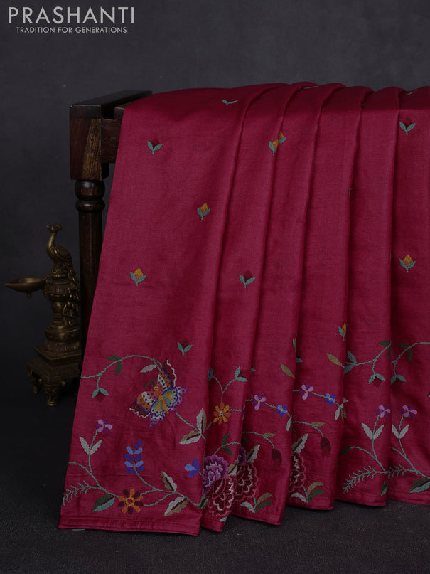 Pure tussar silk saree tomato pink with embroidery buttas and convent embroidery border
