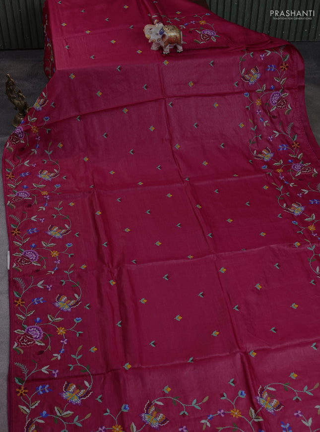 Pure tussar silk saree tomato pink with embroidery buttas and convent embroidery border