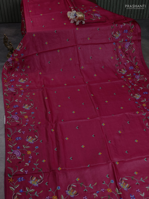 Pure tussar silk saree tomato pink with embroidery buttas and convent embroidery border