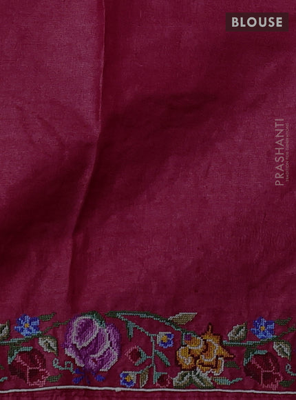 Pure tussar silk saree tomato pink with embroidery buttas and convent embroidery border