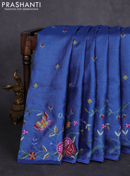 Pure tussar silk saree blue with embroidery buttas and convent embroidery border
