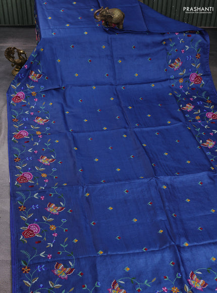 Pure tussar silk saree blue with embroidery buttas and convent embroidery border