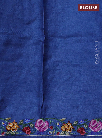 Pure tussar silk saree blue with embroidery buttas and convent embroidery border