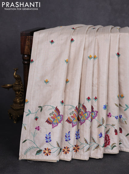 Pure tussar silk saree beige with embroidery buttas and convent embroidery border