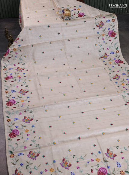 Pure tussar silk saree beige with embroidery buttas and convent embroidery border