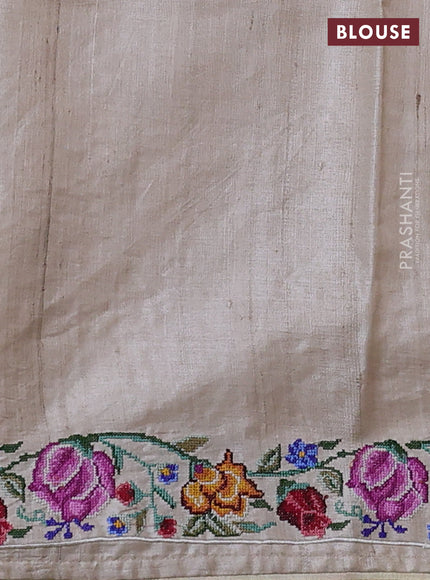 Pure tussar silk saree beige with embroidery buttas and convent embroidery border