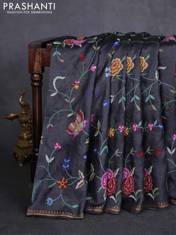 Pure tussar silk saree black with allover embroidery work and small zari woven border
