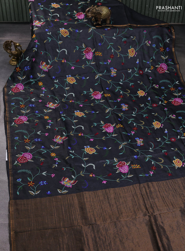 Pure tussar silk saree black with allover embroidery work and small zari woven border
