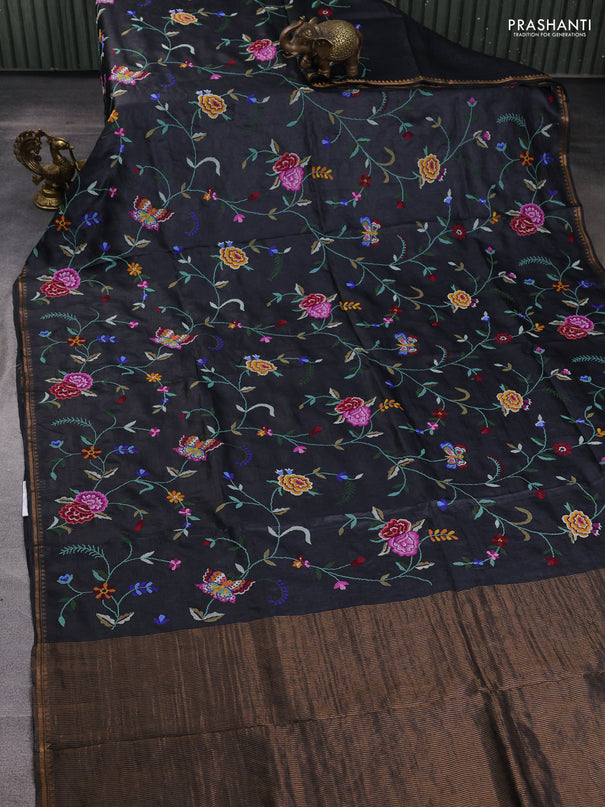 Pure tussar silk saree black with allover embroidery work and small zari woven border