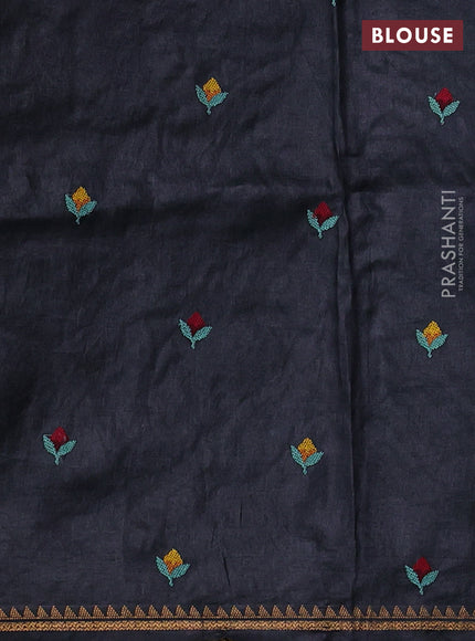 Pure tussar silk saree black with allover embroidery work and small zari woven border