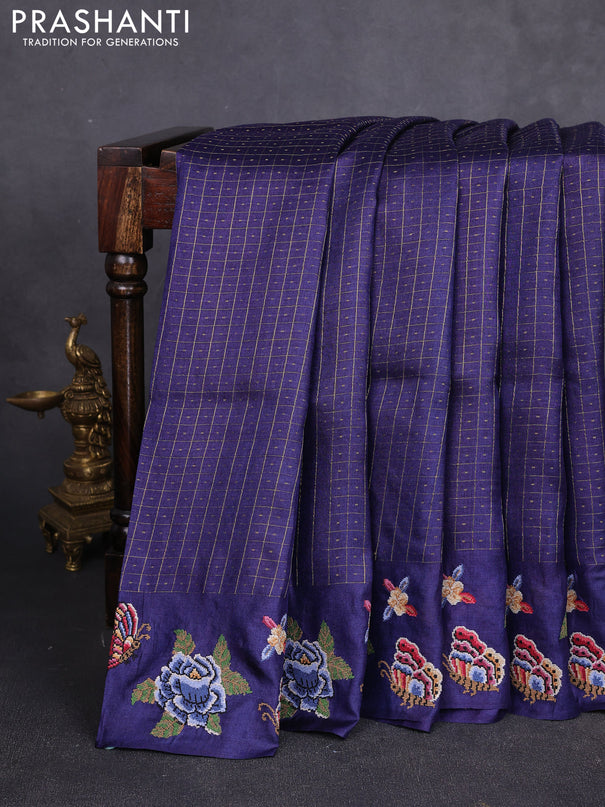 Pure tussar silk saree navy blue with allover zari checks & buttas and convent embroidery border