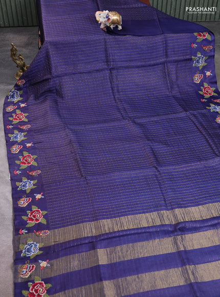 Pure tussar silk saree navy blue with allover zari checks & buttas and convent embroidery border