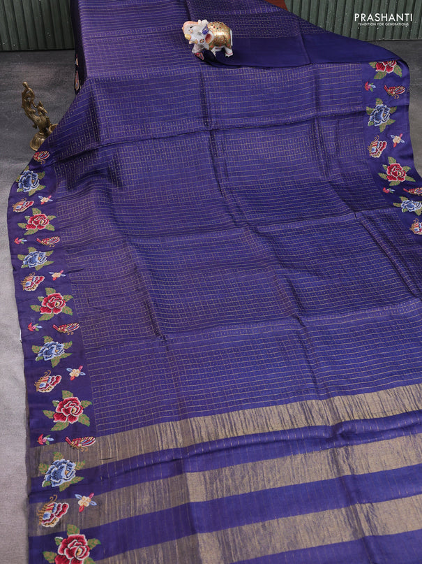 Pure tussar silk saree navy blue with allover zari checks & buttas and convent embroidery border