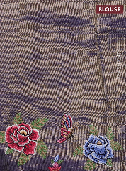 Pure tussar silk saree navy blue with allover zari checks & buttas and convent embroidery border