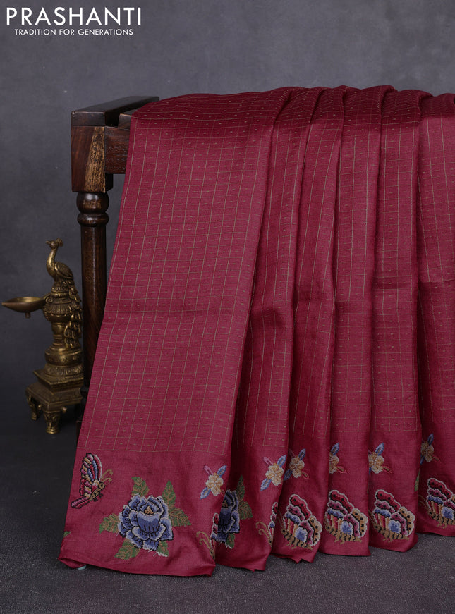 Pure tussar silk saree maroon with allover zari checks & buttas and convent embroidery border