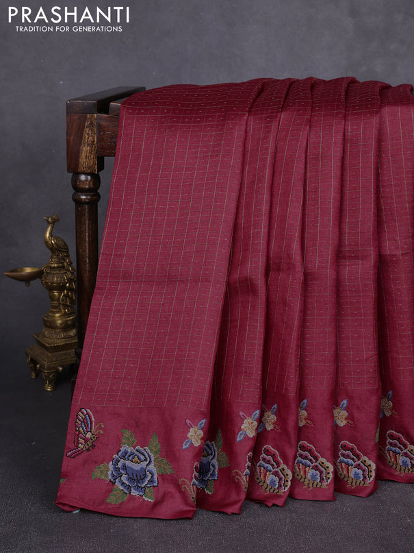 Pure tussar silk saree maroon with allover zari checks & buttas and convent embroidery border