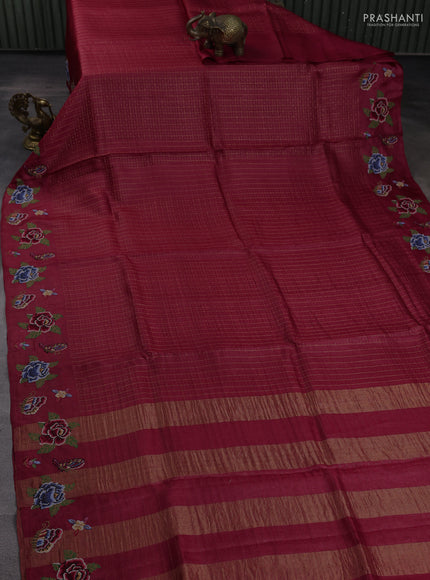 Pure tussar silk saree maroon with allover zari checks & buttas and convent embroidery border