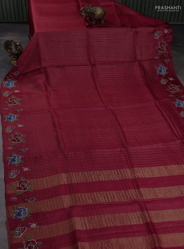 Pure tussar silk saree maroon with allover zari checks & buttas and convent embroidery border