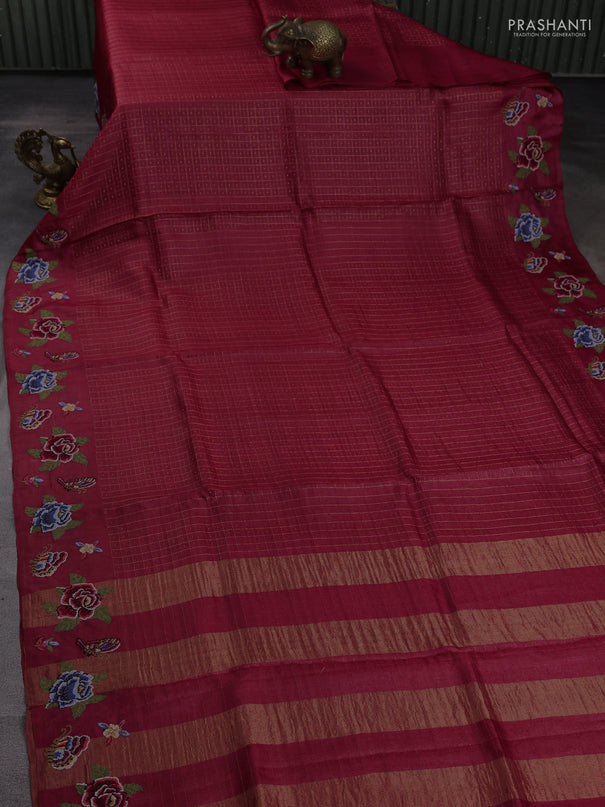 Pure tussar silk saree maroon with allover zari checks & buttas and convent embroidery border