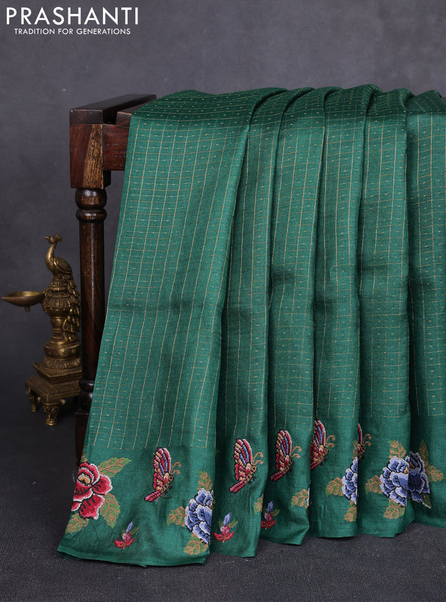 Pure tussar silk saree bottle green with allover zari checks & buttas and convent embroidery border