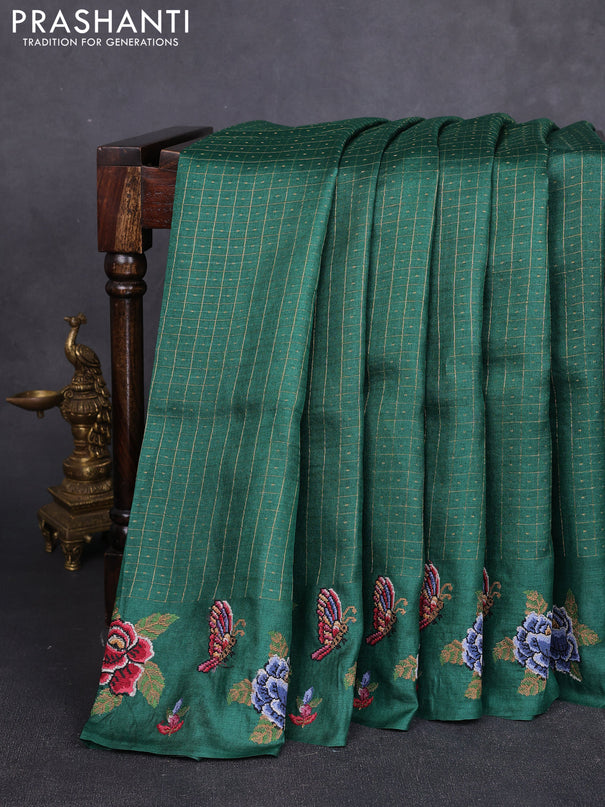 Pure tussar silk saree bottle green with allover zari checks & buttas and convent embroidery border