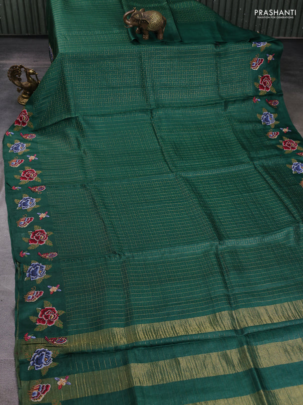 Pure tussar silk saree bottle green with allover zari checks & buttas and convent embroidery border