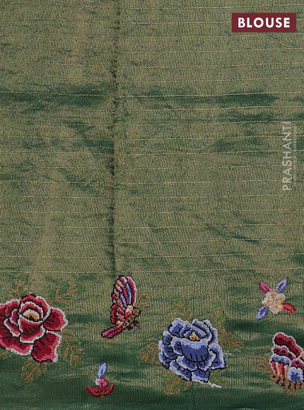 Pure tussar silk saree bottle green with allover zari checks & buttas and convent embroidery border