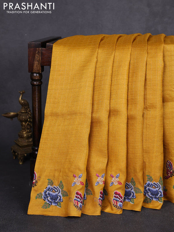 Pure tussar silk saree mustard yellow with allover zari checks & buttas and convent embroidery border