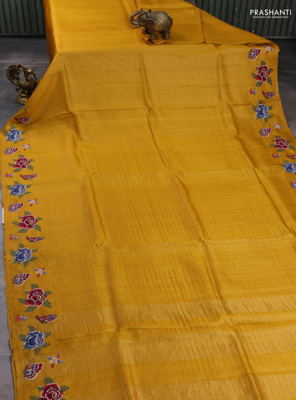 Pure tussar silk saree mustard yellow with allover zari checks & buttas and convent embroidery border