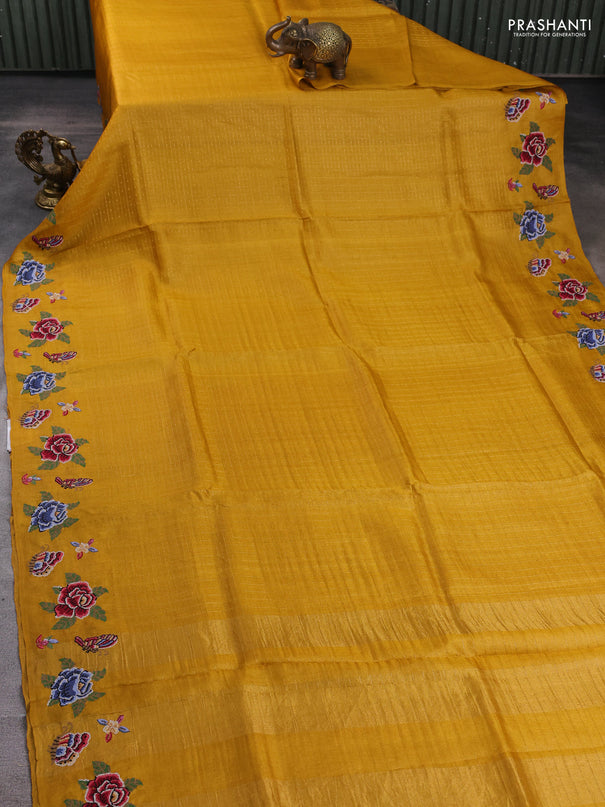 Pure tussar silk saree mustard yellow with allover zari checks & buttas and convent embroidery border
