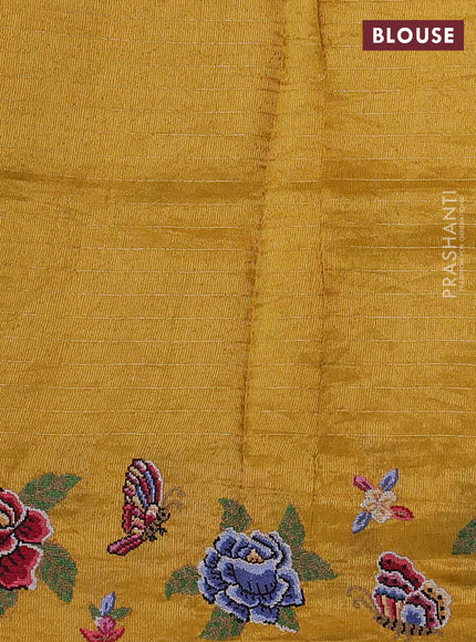 Pure tussar silk saree mustard yellow with allover zari checks & buttas and convent embroidery border