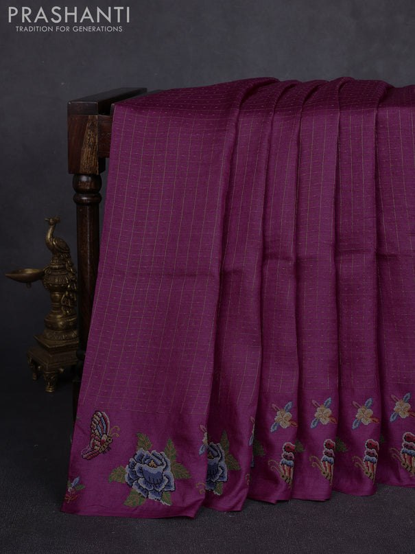 Pure tussar silk saree magenta pink with allover zari checks & buttas and convent embroidery border
