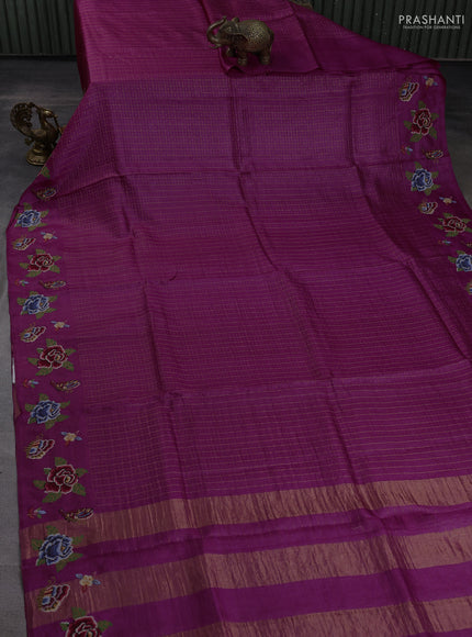 Pure tussar silk saree magenta pink with allover zari checks & buttas and convent embroidery border