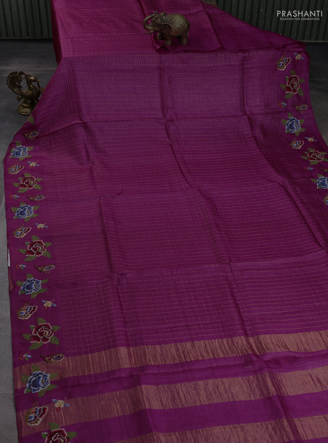 Pure tussar silk saree magenta pink with allover zari checks & buttas and convent embroidery border